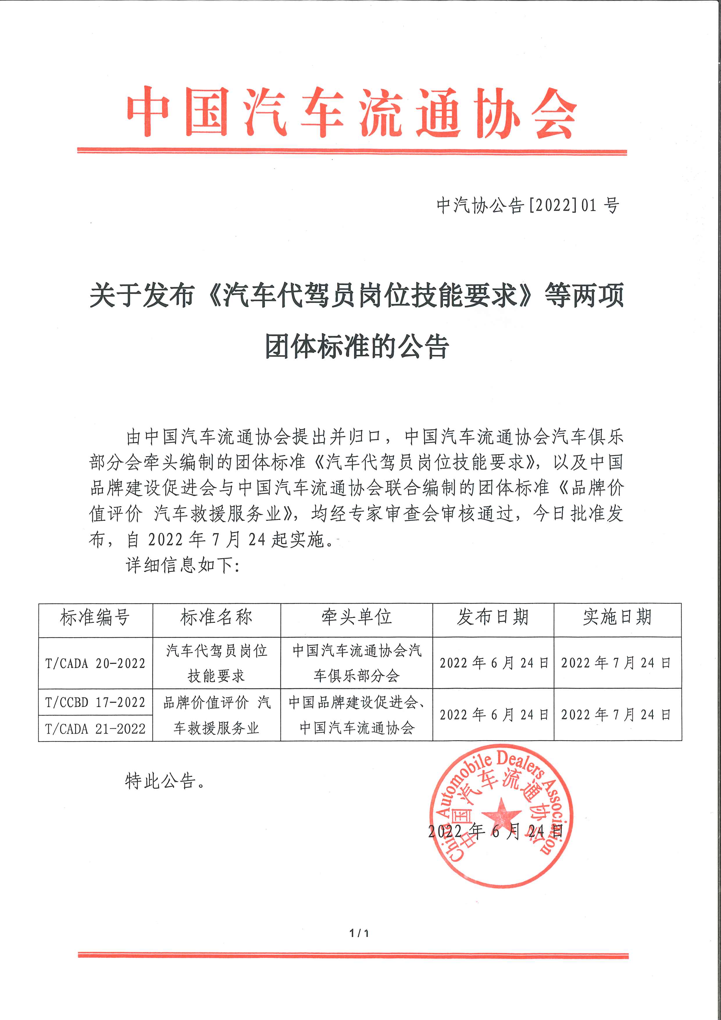 關于發(fā)布《汽車代駕員崗位技能要求》等兩項團體標準的公告2022.6.15.jpg